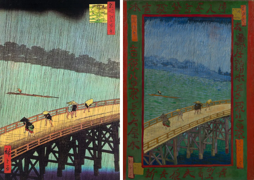 Abb. 4: Utagawa Hiroshige, "Plötzlicher Sommerregensturm über der Ohami-Brücke in Atake", 1857 / Abb. 5: Vincent van Gogh, "Brücke im Regen", 1887