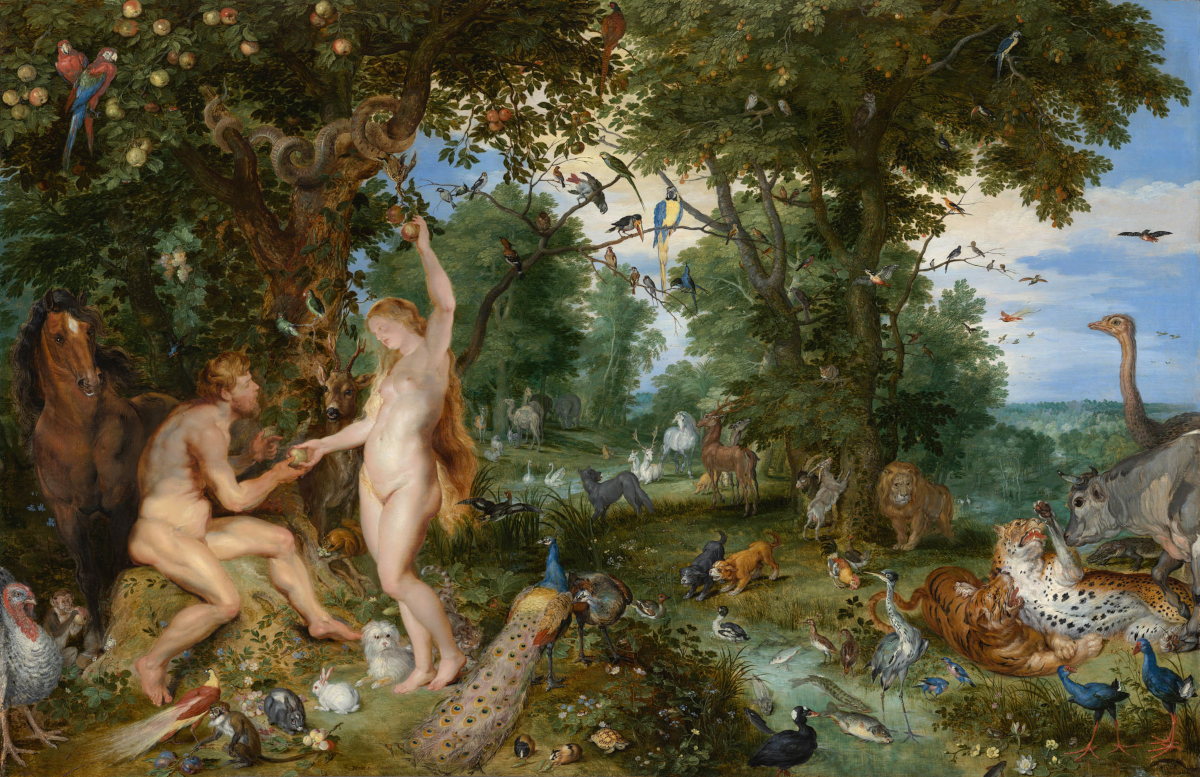 Abb. 1: Jan Brueghel der Ältere & Peter Paul Rubens, "Der Garten Eden mit dem Sündenfall", Gemälde, c. 1615, Öl auf Holz, 74,3 x 114,7 cm, Mauritshuis, Den Haag, Niederlande