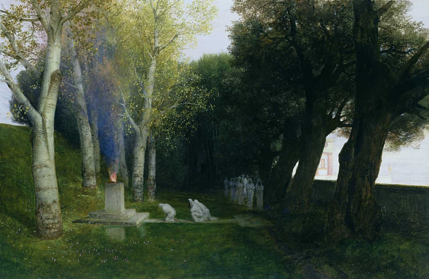 Abb. 5: Arnold Böcklin, "Der heilige Hain", Gemälde, 1886, Öl auf Mahagonie, 100,0 x 150,0 cm, Hamburger Kunsthalle, Hamburg, Public Domain