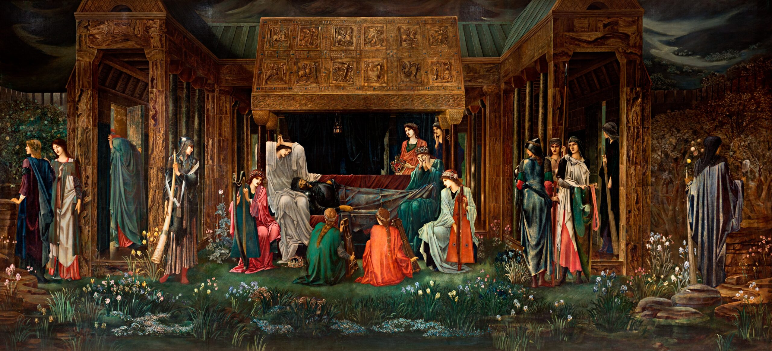 Abb. 2: Edward Burne-Jones, "Der letzte Schlaf von Artus in Avalon", Gemälde, 1881–1898, Öl auf Leinwand, 279,4 x 650,2 cm, Museo de Arte de Ponce, Ponce, Puerto Rico, Public Domain