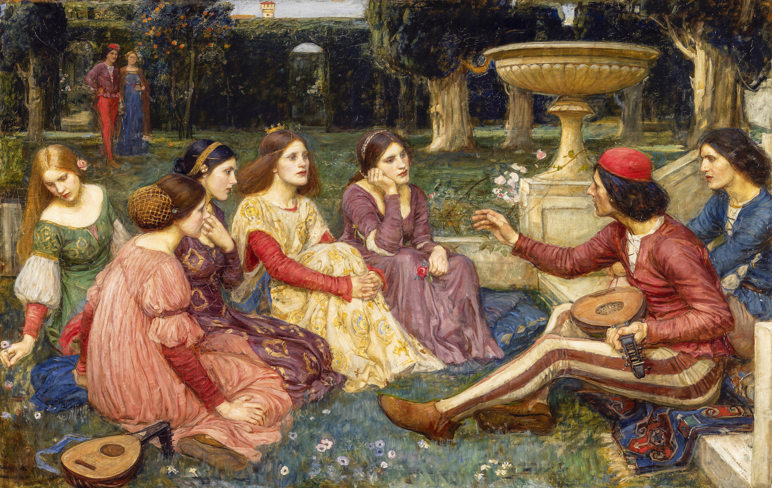 Abb. 7: John William Waterhouse, "A Tale from the Decameron", Gemälde, 1916, Öl auf Leinwand, 101,0 x 159,0 cm, National Museums, Liverpool, UK, Public Domain